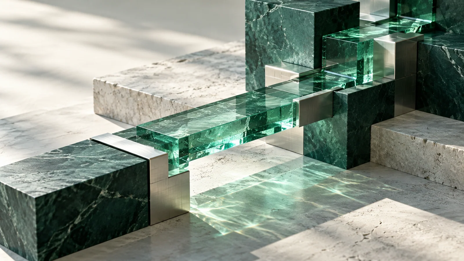 Illustrative Architektur aus verbundenen Jadeglas- und Steinbausteinen