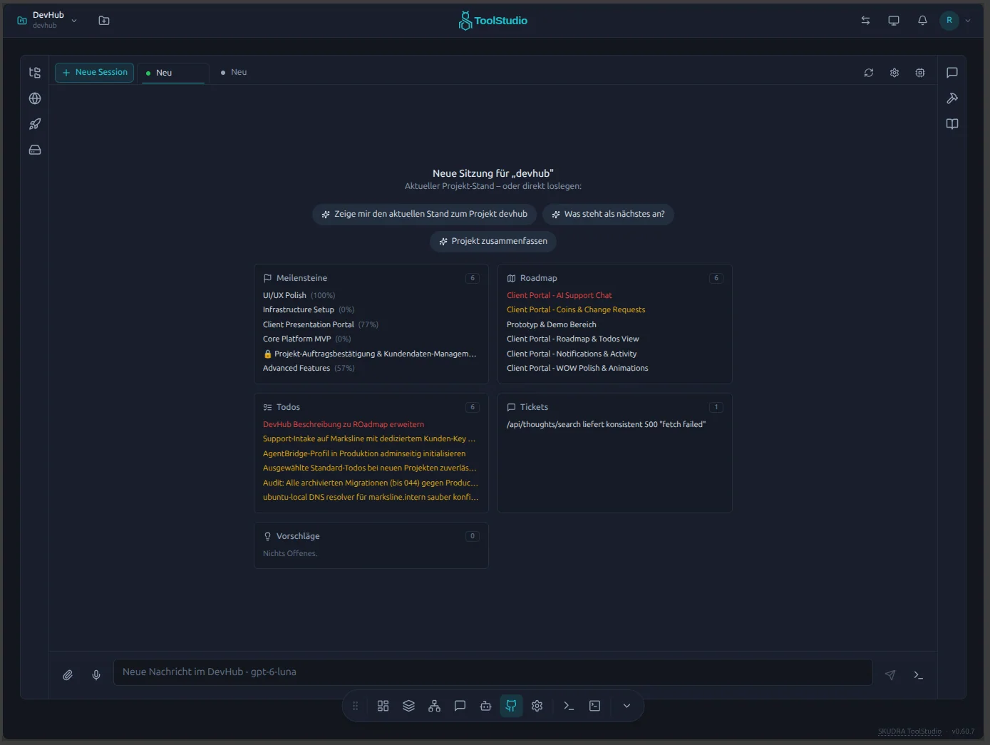 ToolStudio-Arbeitsbereich mit Projektübersicht, Meilensteinen, Roadmap, Aufgaben und Tickets – dunkle Produktaufnahme