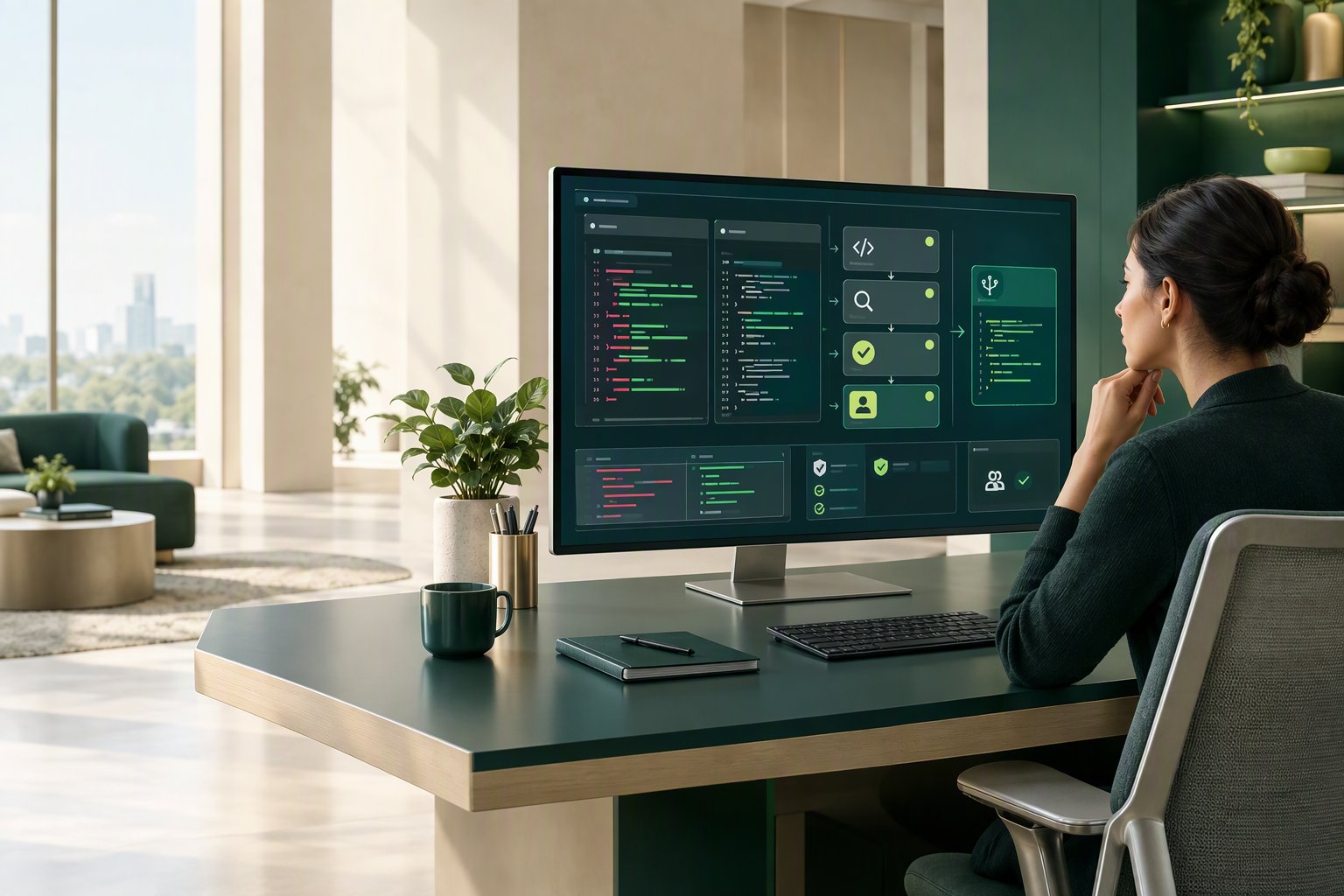 Entwickler prĂĽft KI-generierten Code im Unternehmen am Bildschirm